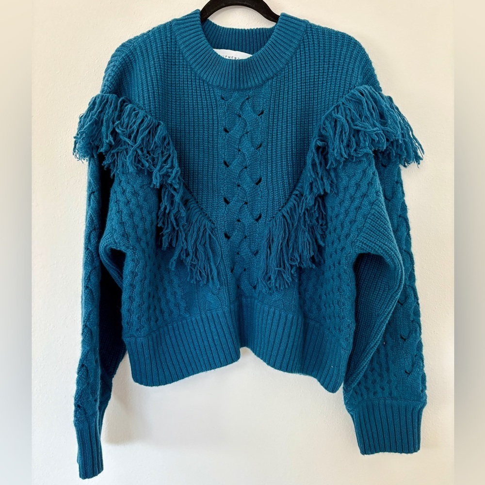 Equipment Femme Amira Sweater Deep Lagoon Blue Fringe Chunky Knit Wool Cashmere - Picture 3 of 8